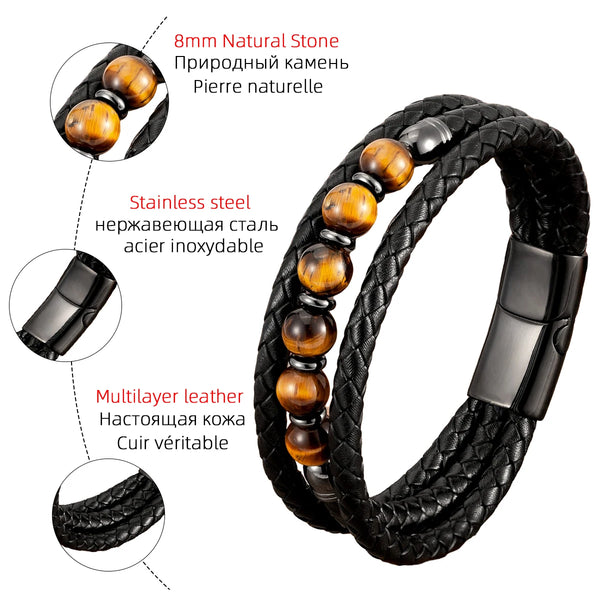 Valkor - Herenarmband van echt leer met edelstenen en roestvrij staal