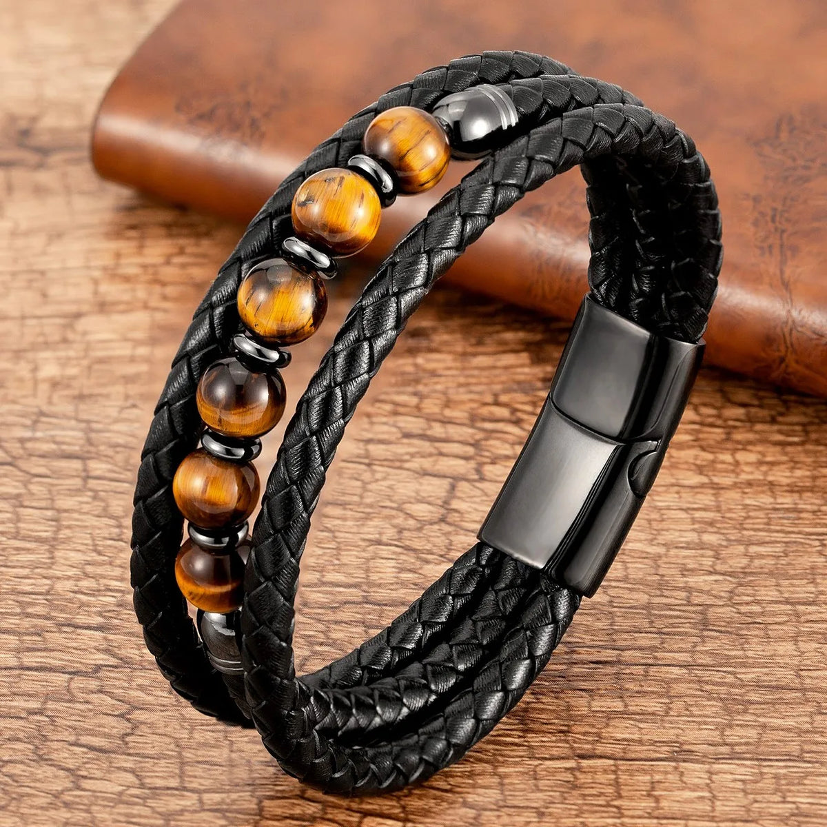 Valkor - Herrenarmband aus echtem Leder mit Edelsteinen und Edelstahl