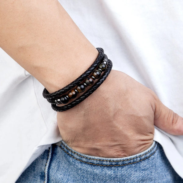 Valkor - Herenarmband van echt leer met edelstenen en roestvrij staal