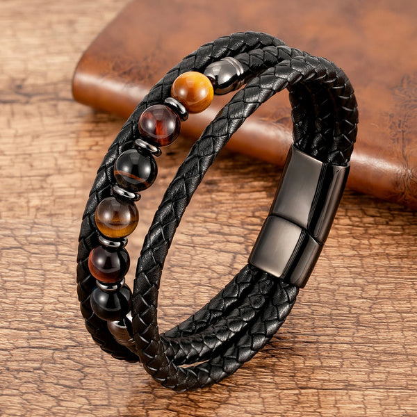 Valkor - Herenarmband van echt leer met edelstenen en roestvrij staal