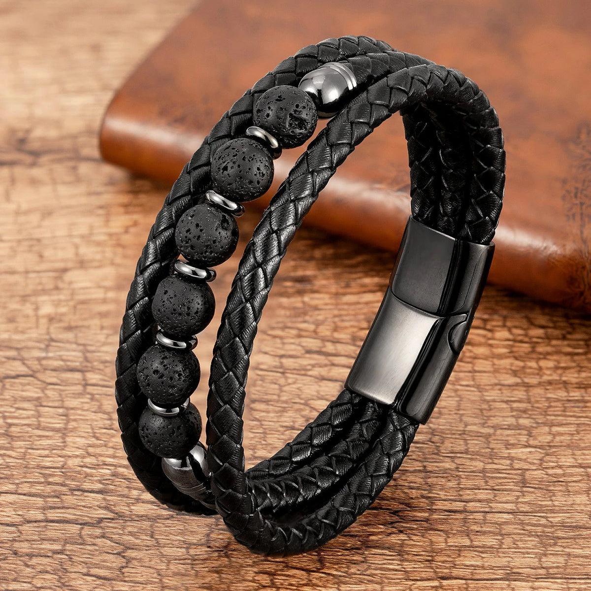 Valkor - Herrenarmband aus echtem Leder mit Edelsteinen und Edelstahl