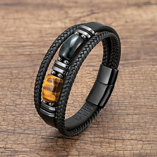 Asher - Braided Leather Gemstone Bracelet with Stainless Steel
