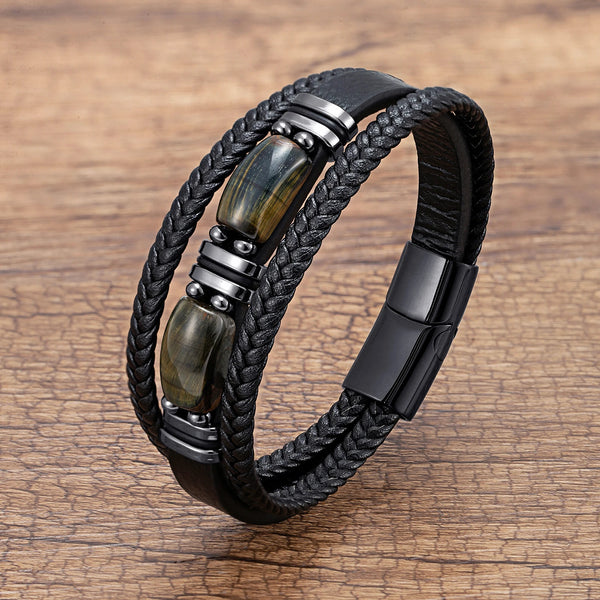 Asher - Braided Leather Gemstone Bracelet with Stainless Steel