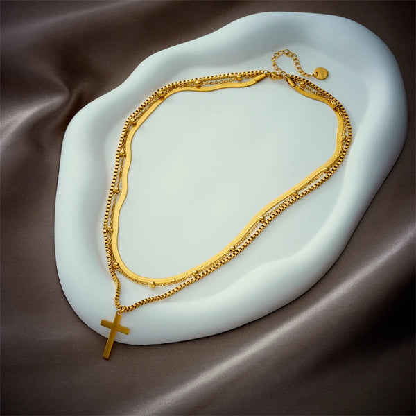 Cross - Golden Stainless Steel Layered Necklace set