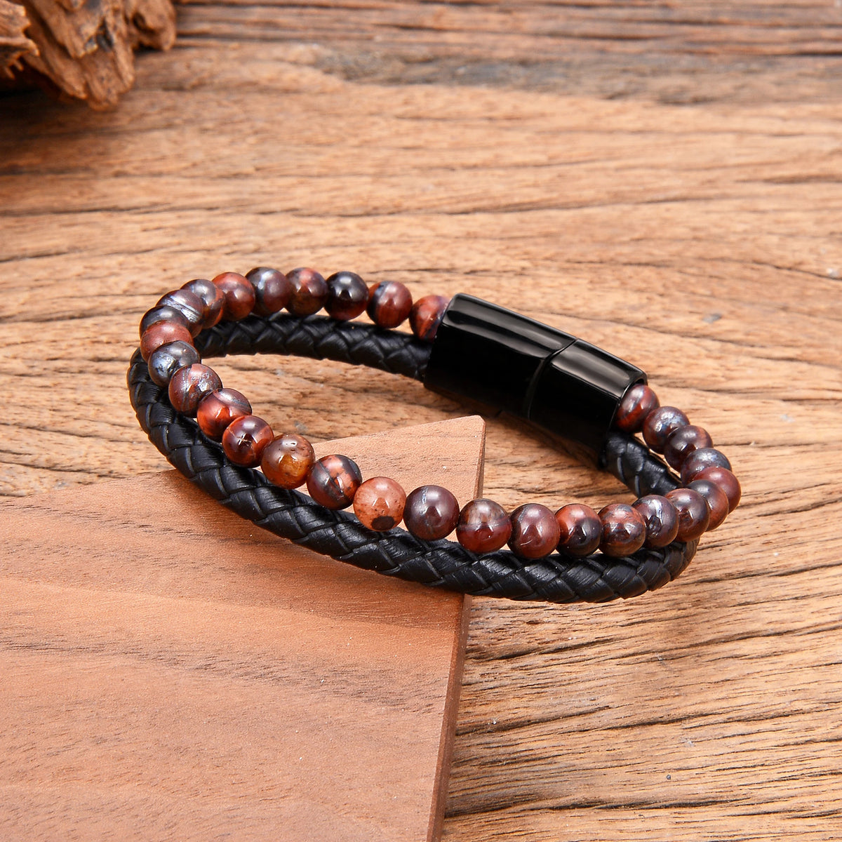 Draven - Men’s Genuine Leather Gemstone Stainless Steel Bracelet