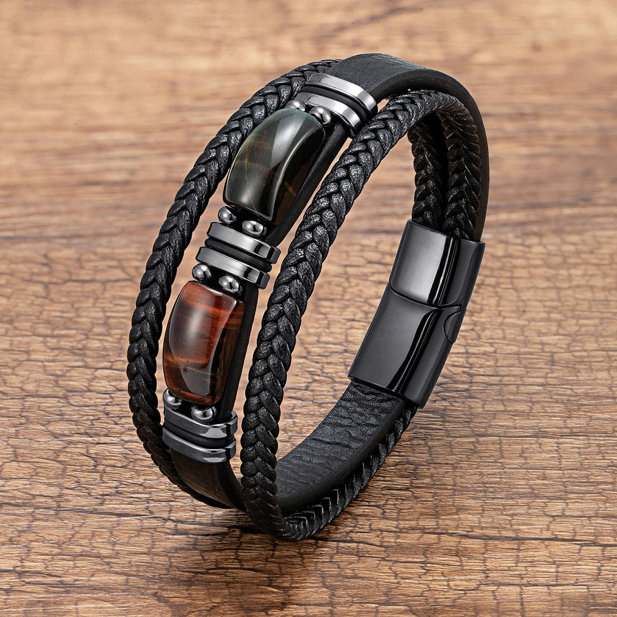Asher - Braided Leather Gemstone Bracelet with Stainless Steel