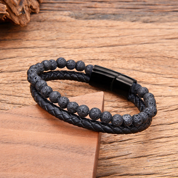 Draven - Men’s Genuine Leather Gemstone Stainless Steel Bracelet