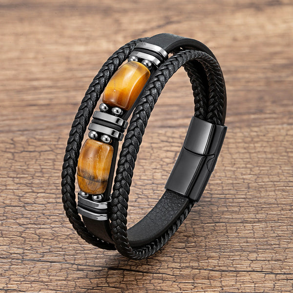 Asher - Braided Leather Gemstone Bracelet with Stainless Steel