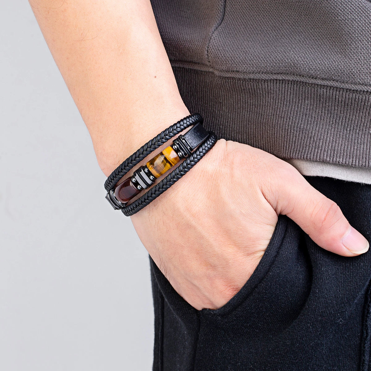Asher - Braided Leather Gemstone Bracelet with Stainless Steel