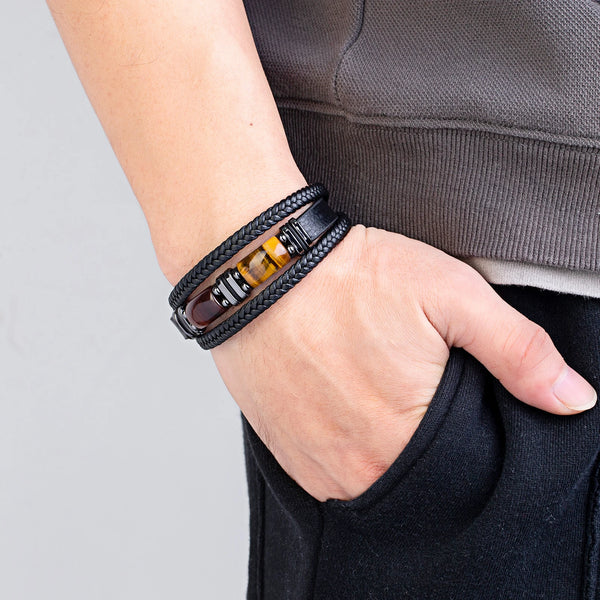 Asher - Braided Leather Gemstone Bracelet with Stainless Steel