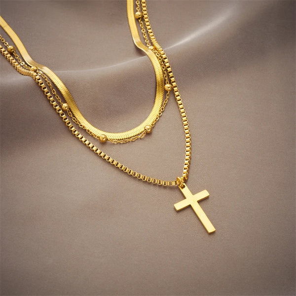 Cross - Golden Stainless Steel Layered Necklace set