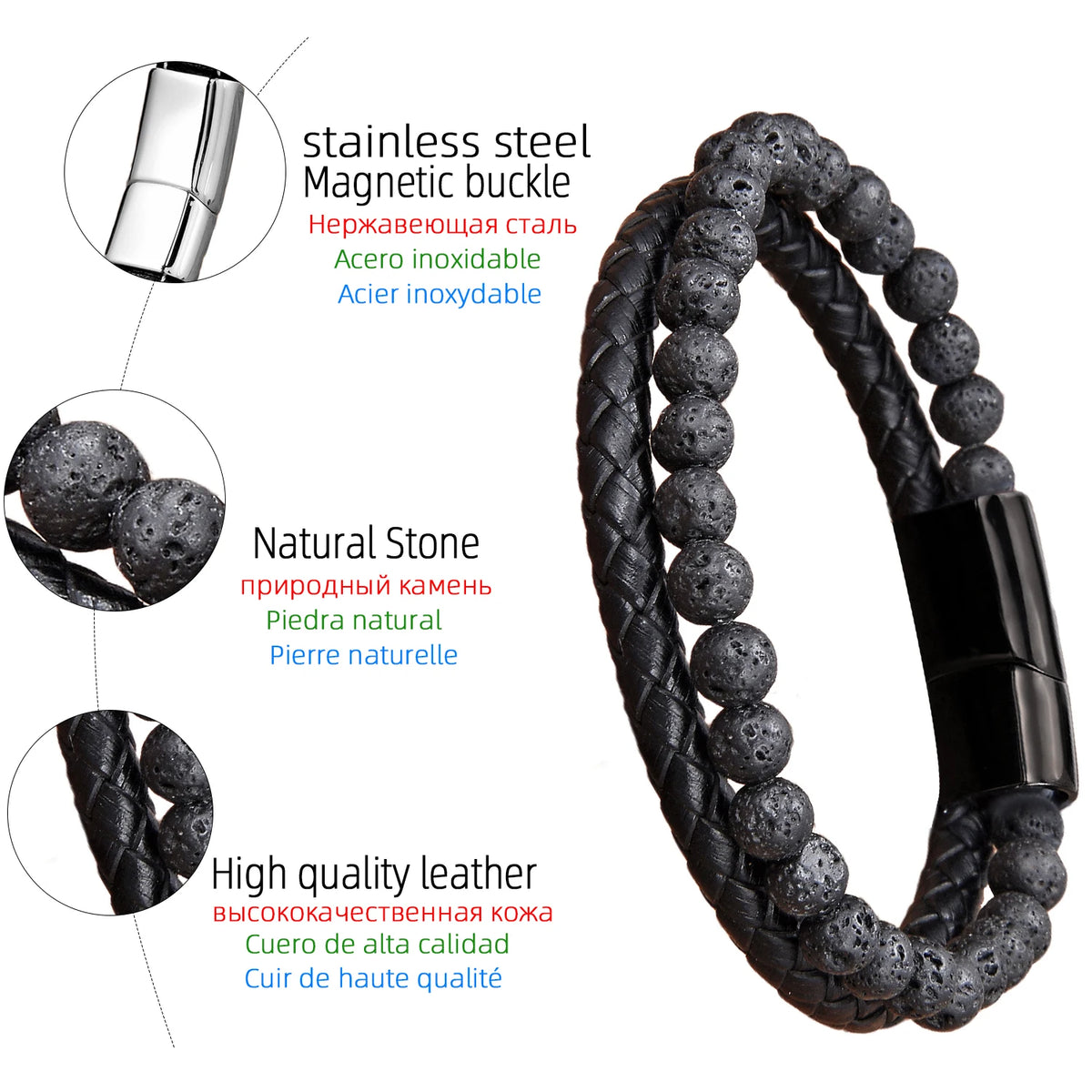 Draven - Men’s Genuine Leather Gemstone Stainless Steel Bracelet