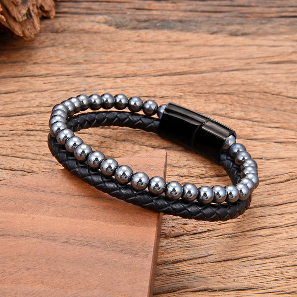 Draven - Men’s Genuine Leather Gemstone Stainless Steel Bracelet