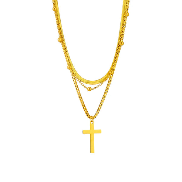 Cross - Golden Stainless Steel Layered Necklace set