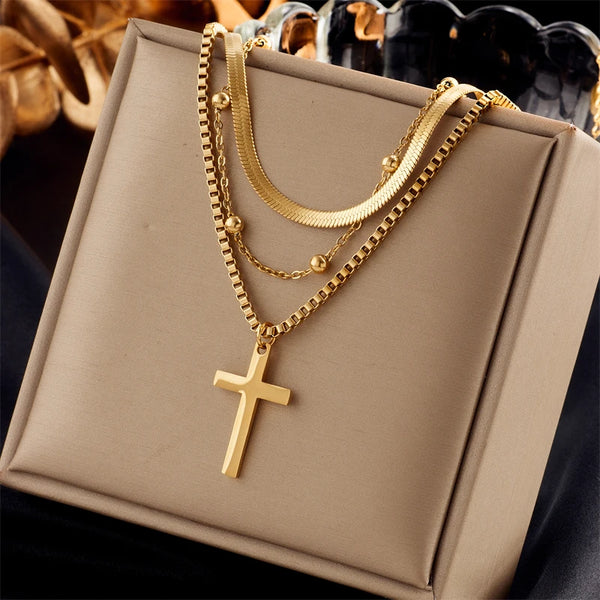 Cross - Golden Stainless Steel Layered Necklace set