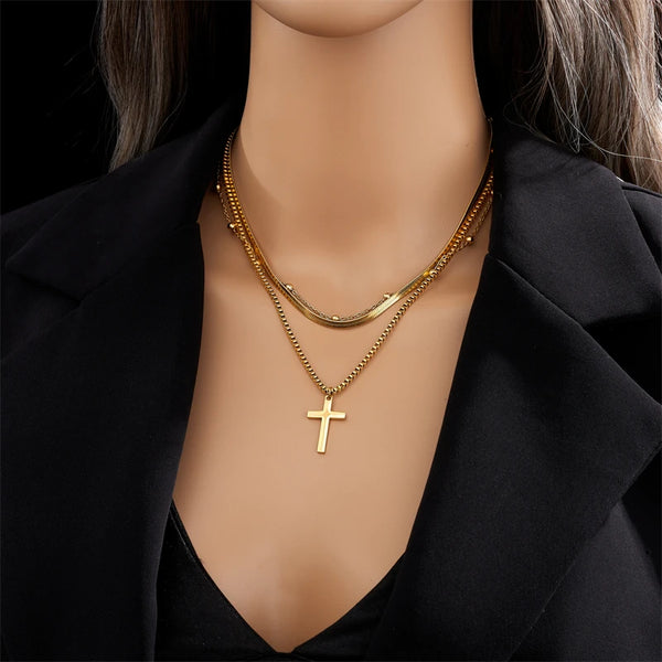 Cross - Golden Stainless Steel Layered Necklace set
