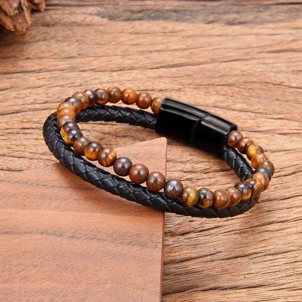 Draven - Men’s Genuine Leather Gemstone Stainless Steel Bracelet