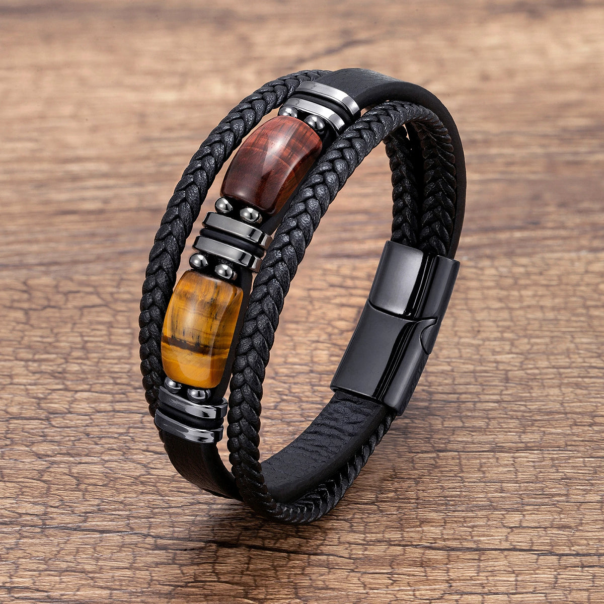 Asher - Braided Leather Gemstone Bracelet with Stainless Steel